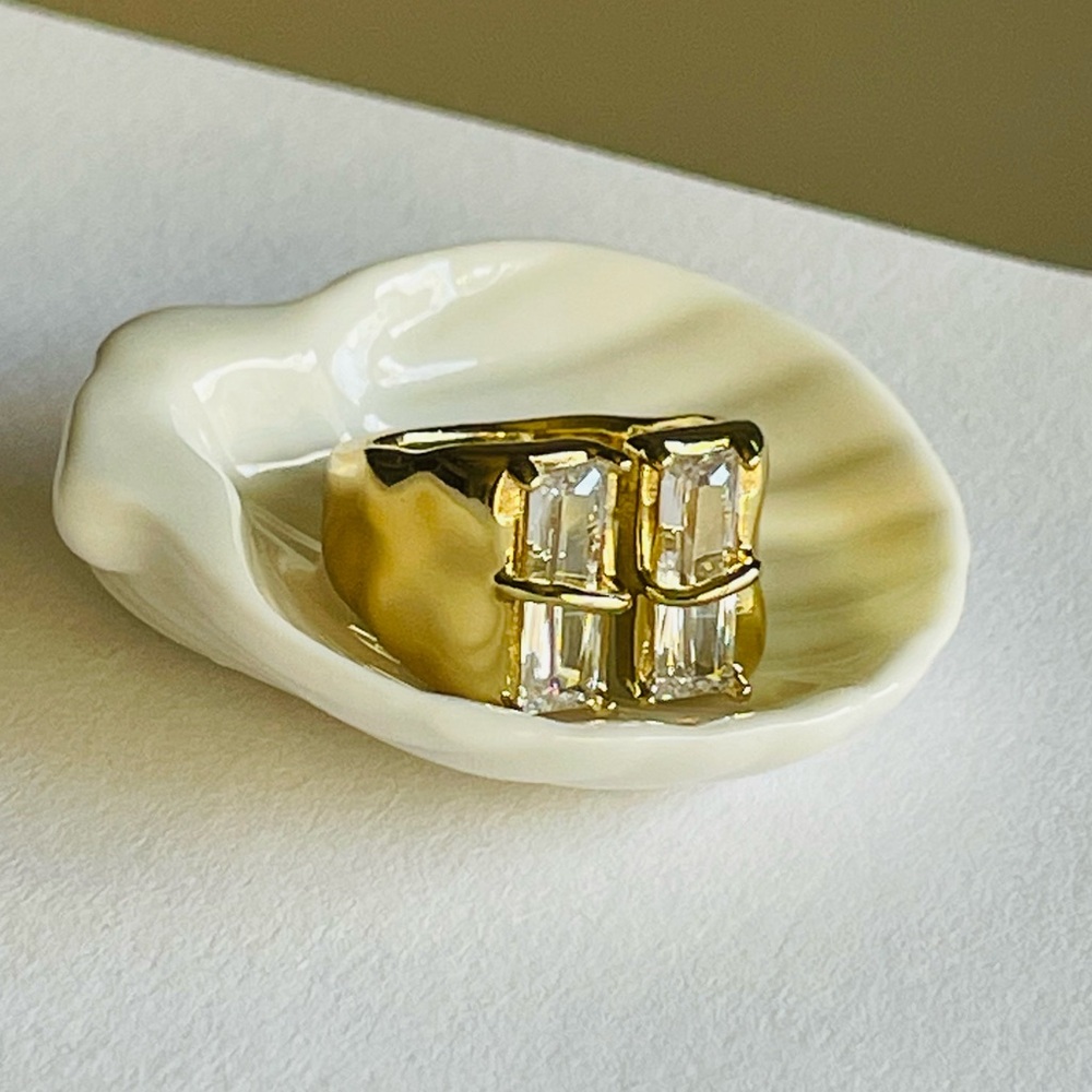 Gold Organic Statement Ring with Clear Emerald-Cut Stones size 6.5